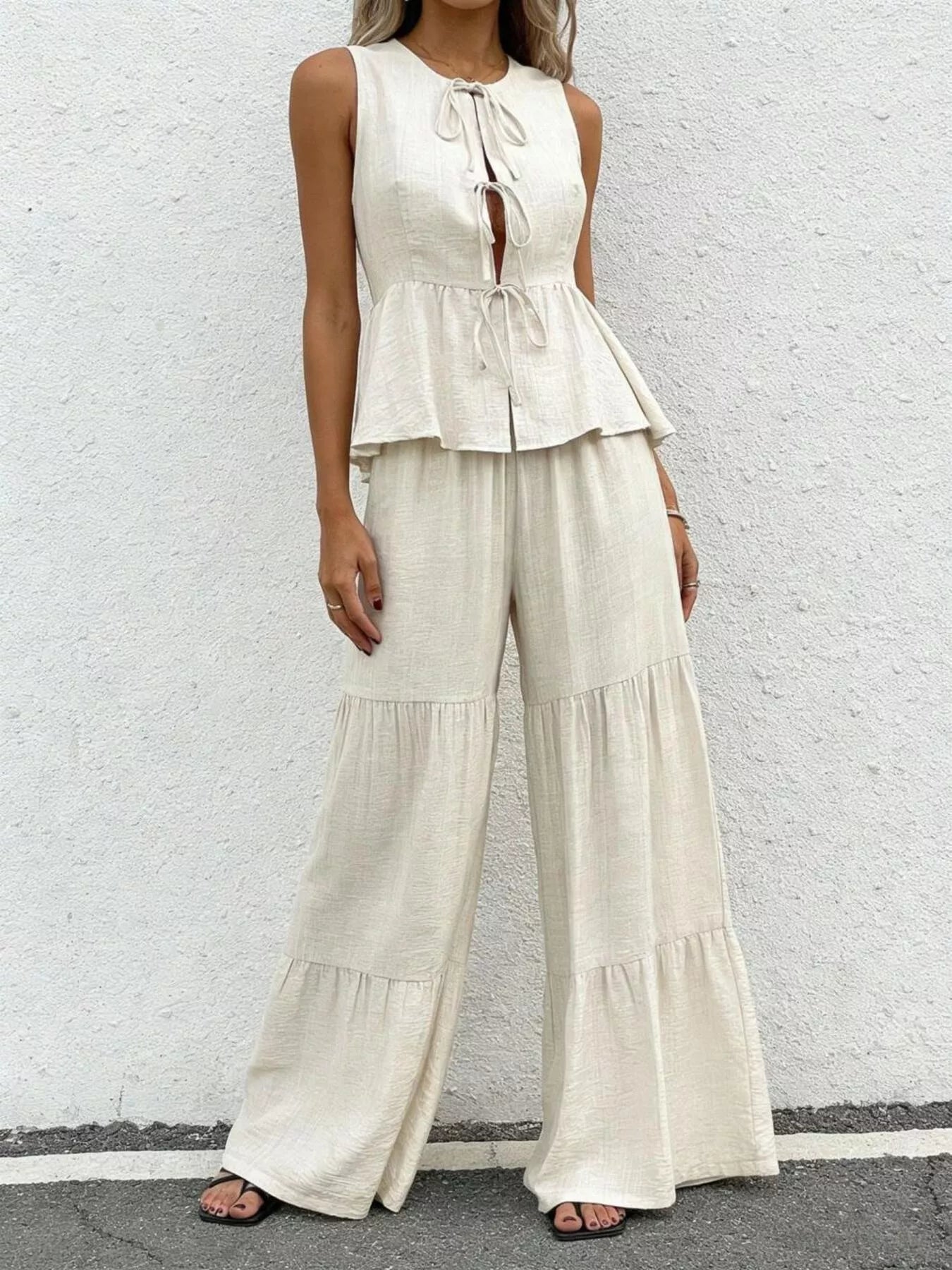 Hazel Blues® |  Sleeveless Tie-Front Top and Wide Leg Pants Set