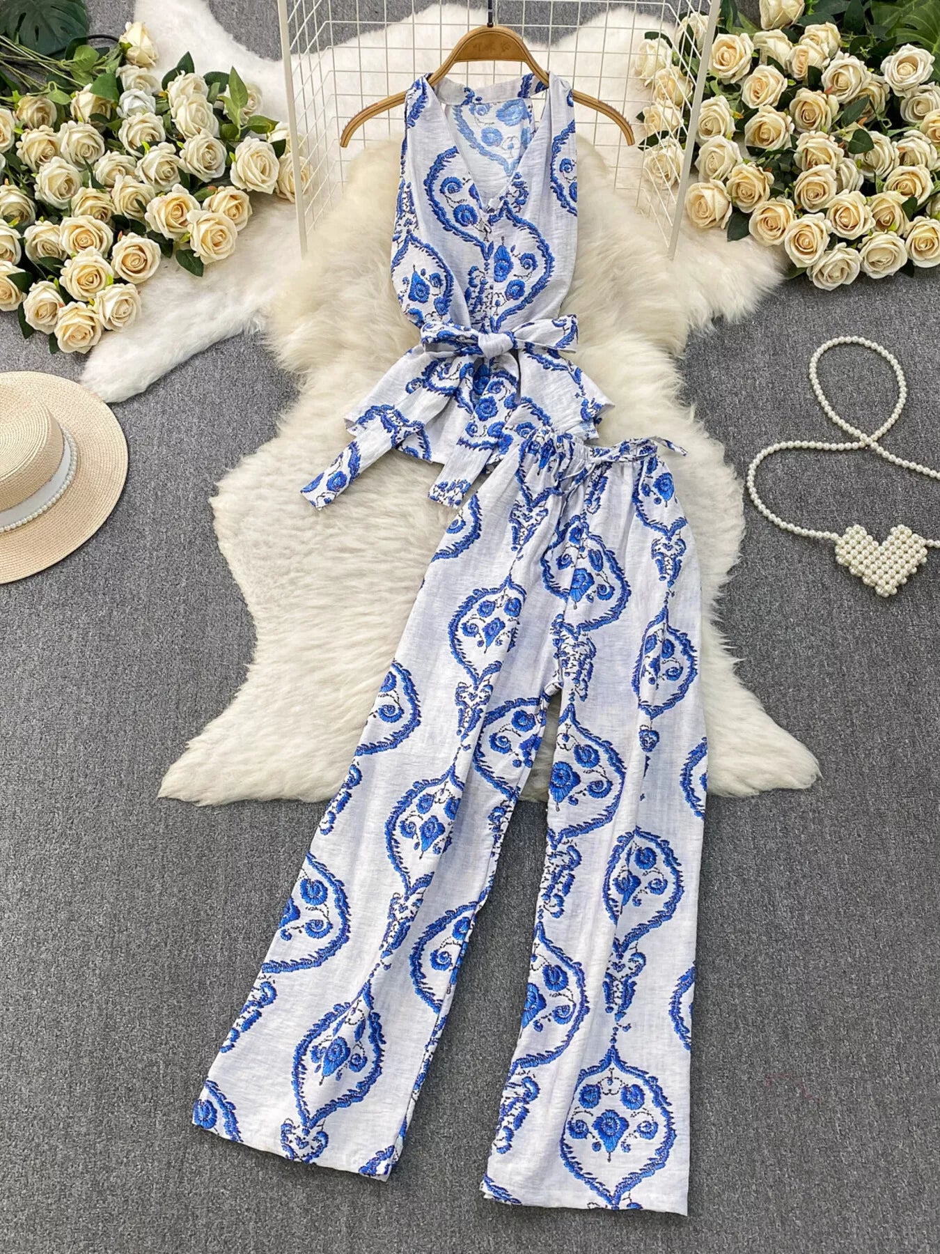 Hazel Blues® |  Printed Sleeveless Top and Wide Leg Pants Set