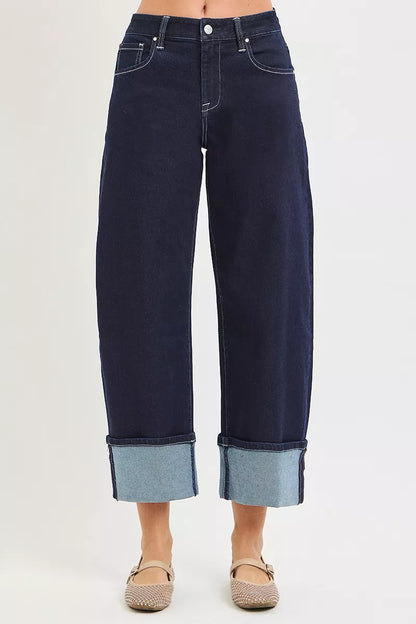Hazel Blues® |  RISEN Slouchy Crop Barrel Cuffed Hem Jeans