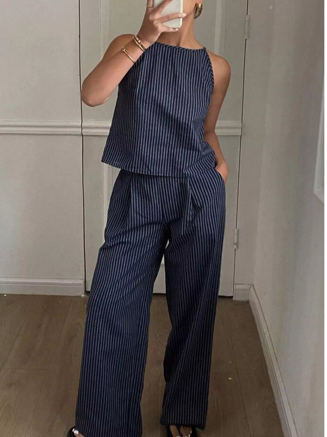 Hazel Blues® |  Striped Sleeveless Top and Wide-Leg Pants Set