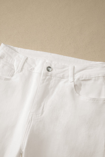 Hazel Blues® |  White Solid Color Rolled Cuffs Denim Bermuda Shorts