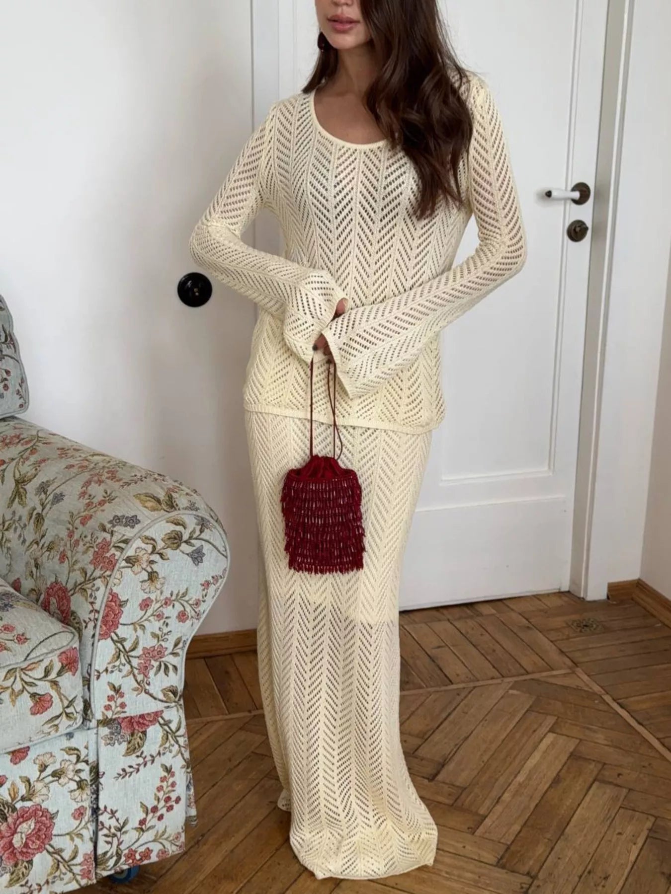 Hazel Blues® |  Openwork Long Sleeve Knit Top and Skirt Set