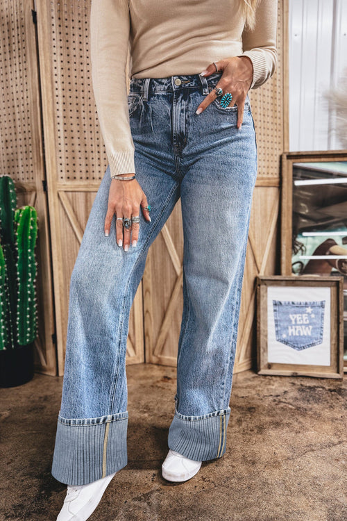 Hazel Blues® |  Ashleigh Blue Cuffed Straight Loose Jeans