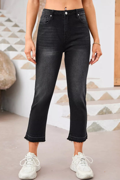 Hazel Blues® |  High-Waisted Distressed Hem Straight Leg Jeans