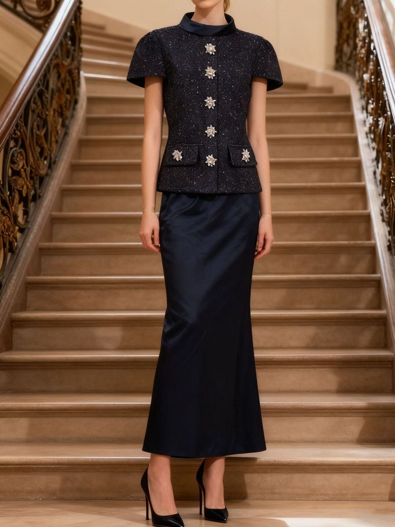 Hazel Blues® |  Tweed Jacket and Satin Skirt Set