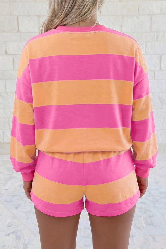 Hazel Blues® |  Pink Stripe Long Sleeve Casual Top Drawstring Shorts 2pcs Set