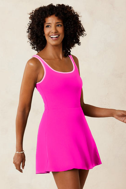 Hazel Blues® |  Rose Red Contrast Trim Neckline Active Shorts Attached One Piece Swim Dress