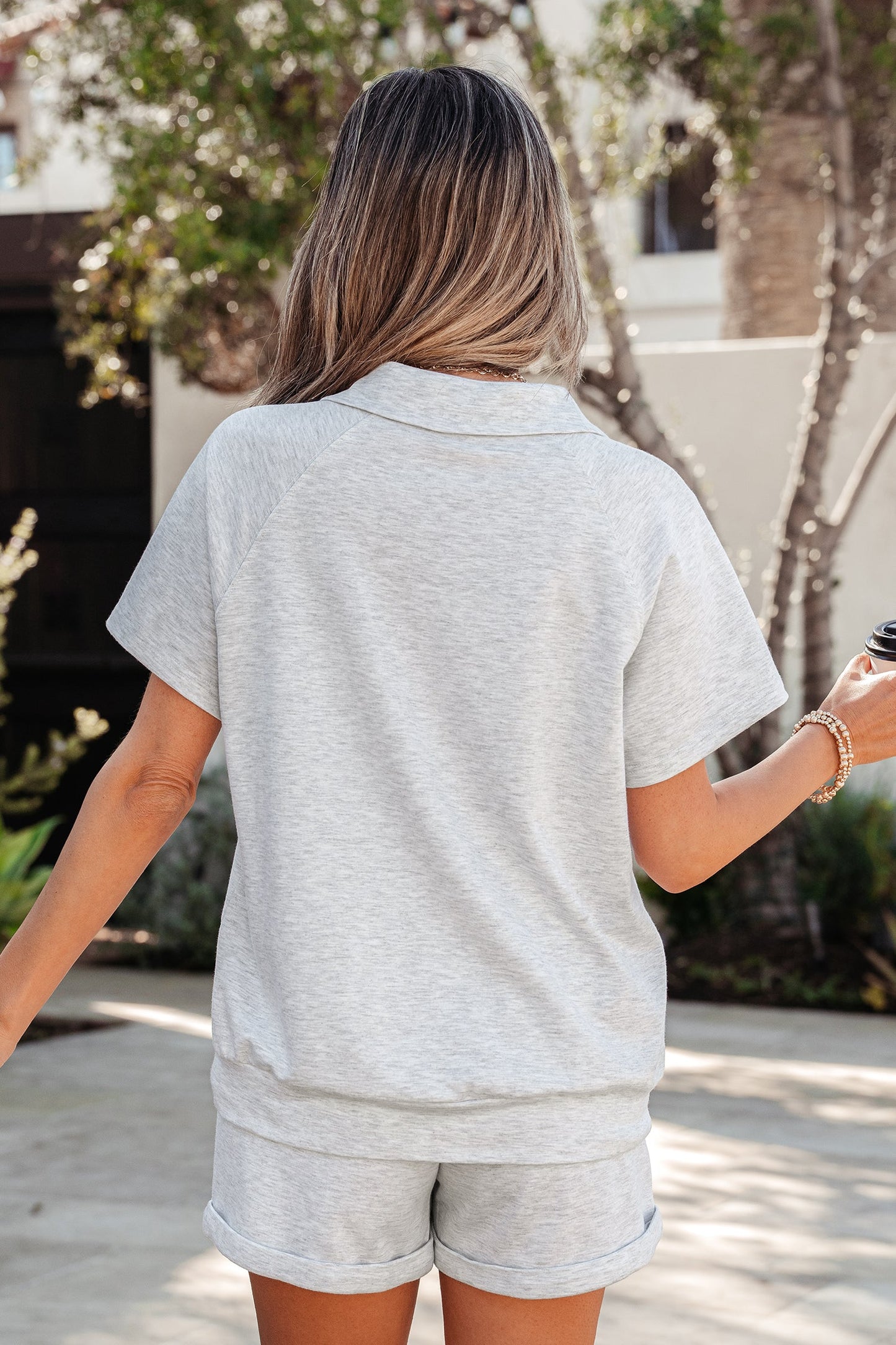 Hazel Blues® |  Light Grey Collared V Neck Tee Drawstring Elastic Waist Shorts 2pcs Outfit