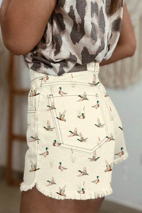 Hazel Blues® |  Beige Wild Duck Mallard High Waist Frayed Denim Shorts