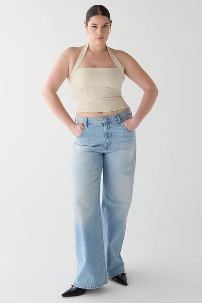 LINEN BLEND HALTER SQUARE NECK TOP