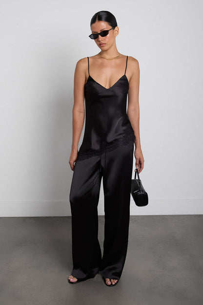ASYMMETRICAL SATIN LACE TRIM TANK TOP