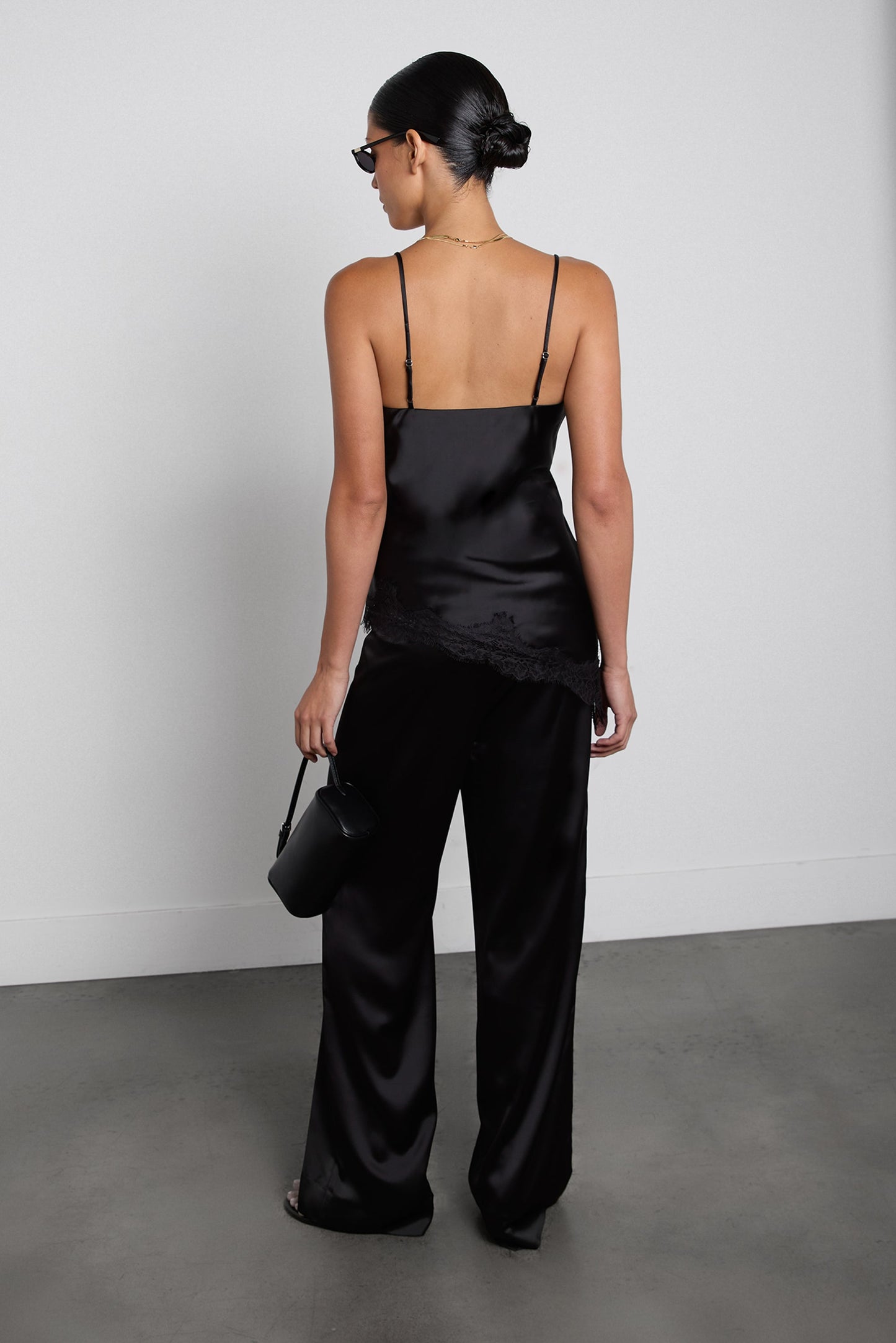 ASYMMETRICAL SATIN LACE TRIM TANK TOP