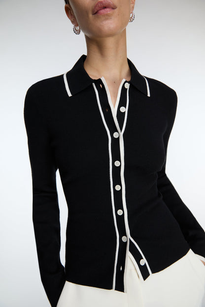 CONTRAST TRIM BUTTON FRONT COLLARED CARDIGAN