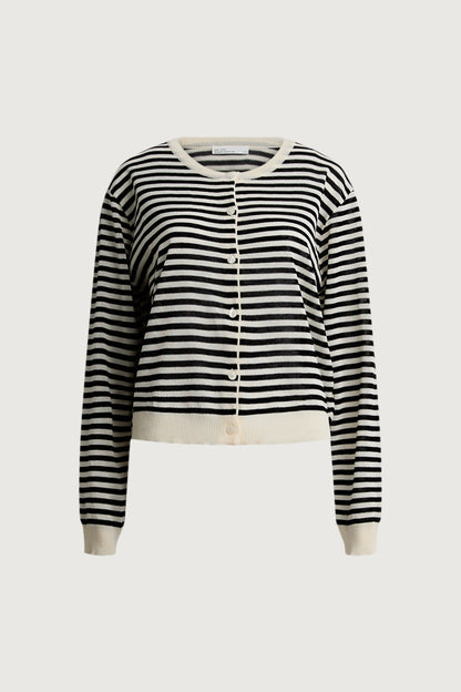 STRIPED ROUND NECK CARDIGAN