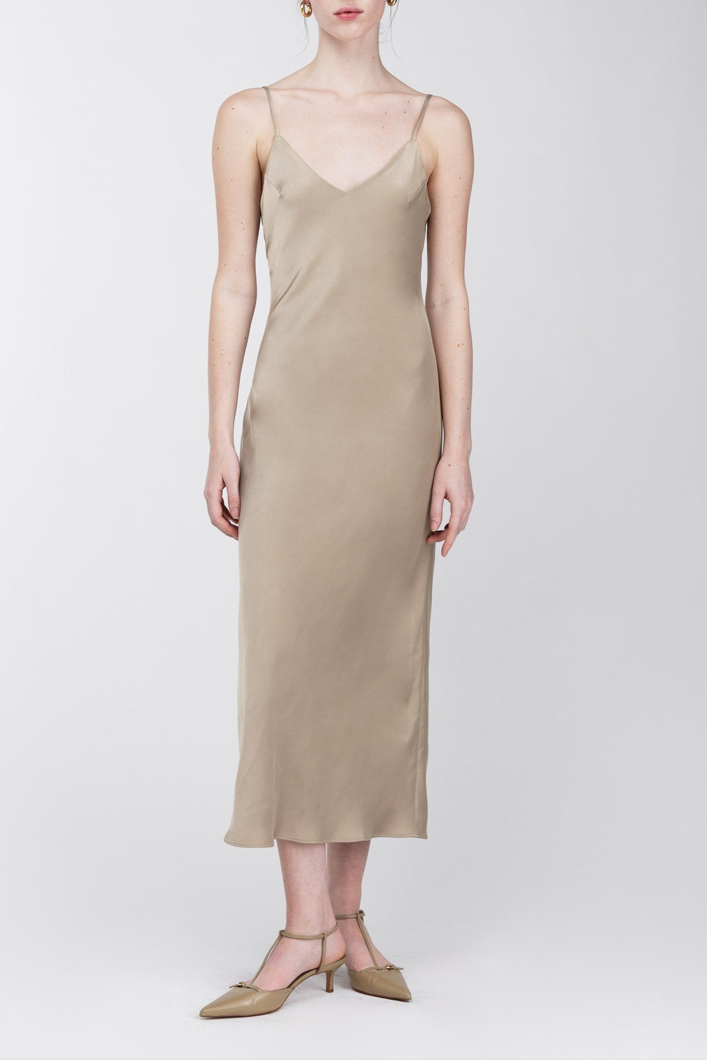 SATIN V-NECK SLIP MIDI DRESS