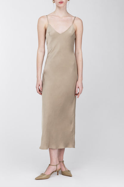 SATIN V-NECK SLIP MIDI DRESS