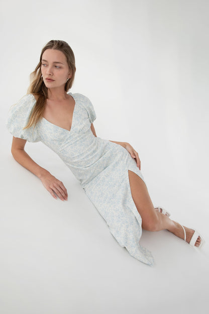 PUFF SLEEVE FLORAL MIDI DRESS