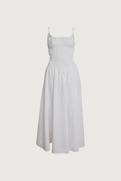 SHIRRED COTTON POPLIN MIDI DRESS