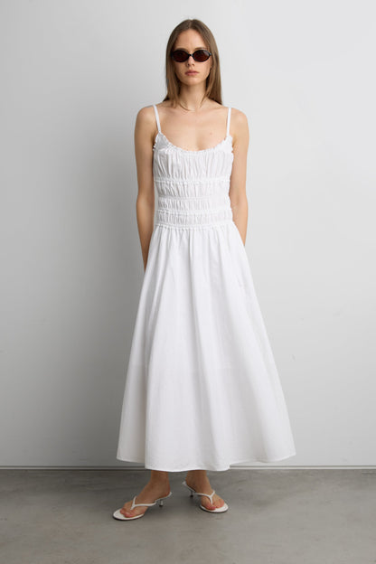 SHIRRED COTTON POPLIN MIDI DRESS