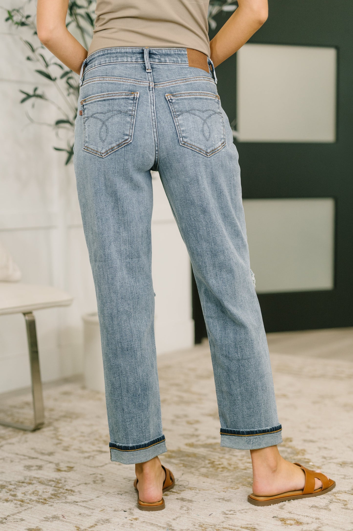 Hazel Blues® |  Elaine Mid Rise Boyfriend with Distress & Cuff