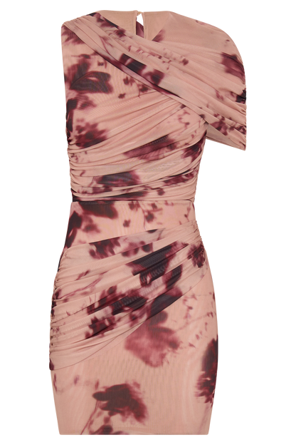 Adrienne One Shoulder Mesh Mini Dress - Nude Blurred Floral Print