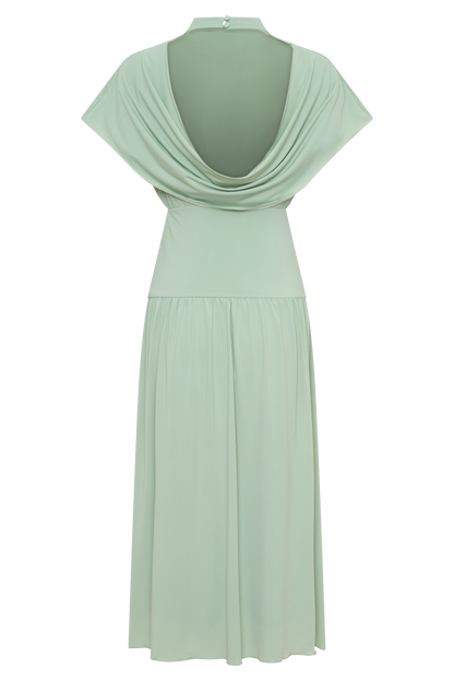 Ailla High Neck Cowl Midi Dress - Aqua Grey