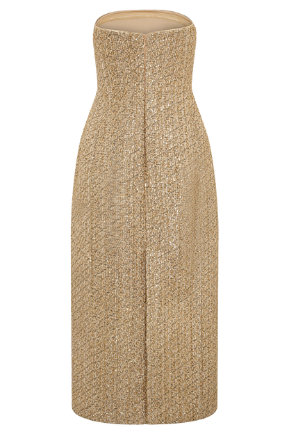 Gala Strapless Tweed Midi Dress - Gold