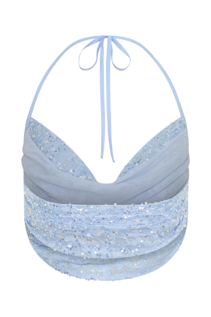 Kiara Pearl Beaded Cowl Crop Top - Powder Blue