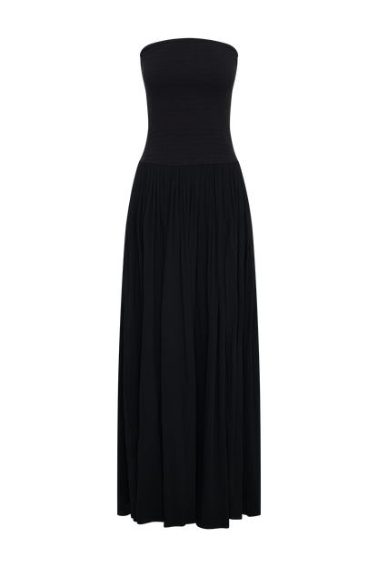 Maureen Cotton Shirring Maxi Dress - Black