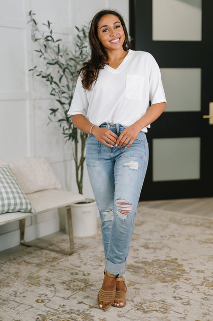 Hazel Blues® |  Aiden High Rise Patch Pocket Distressed Boyfriend Jeans