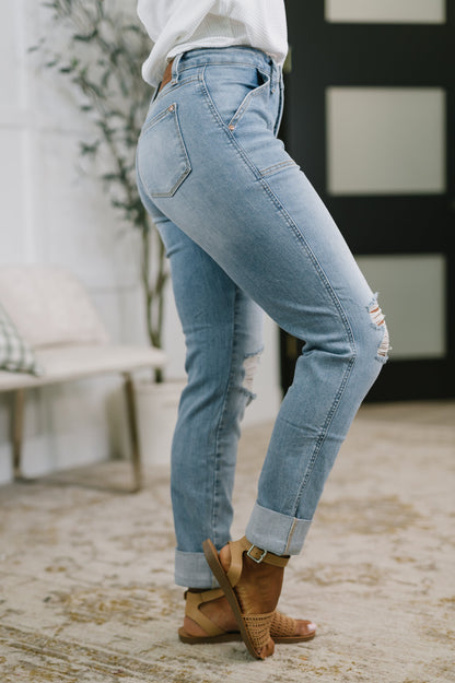 Hazel Blues® |  Aiden High Rise Patch Pocket Distressed Boyfriend Jeans