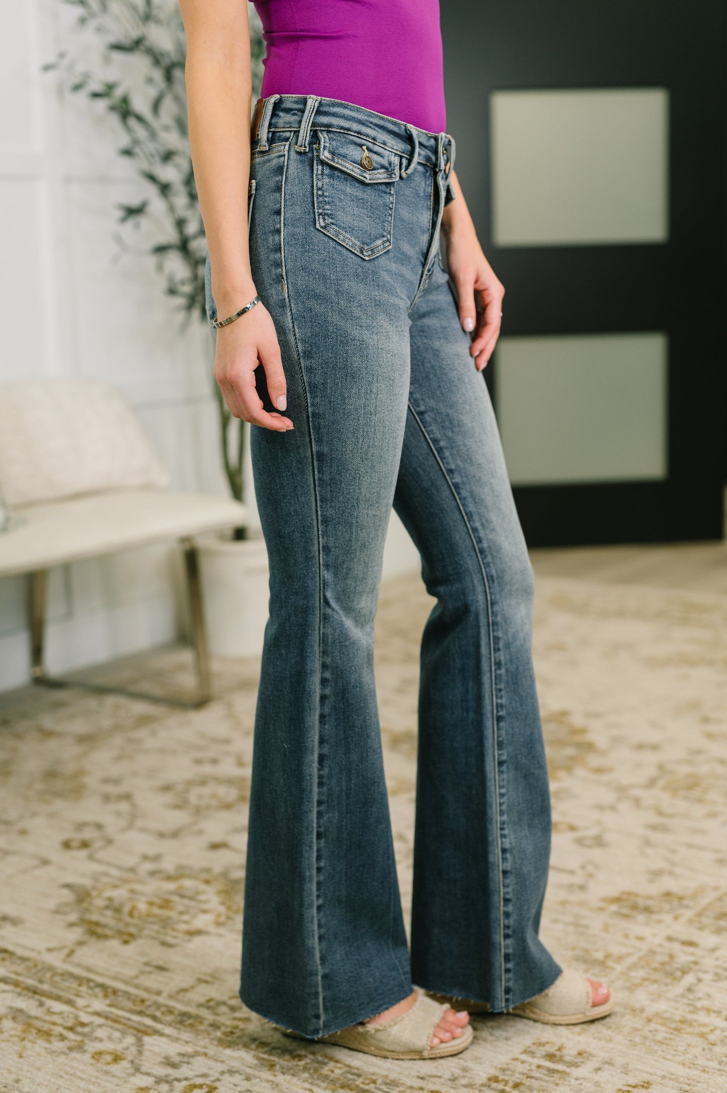 Hazel Blues® |  Jackie Mid Rise Flare Jean with Front Flap Pockets