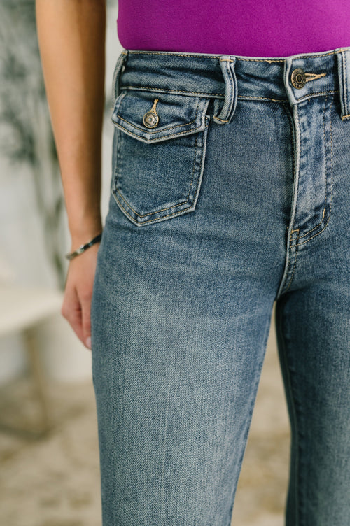 Hazel Blues® |  Jackie Mid Rise Flare Jean with Front Flap Pockets