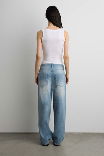 LINEN BLEND MID-RISE STRAIGHT LEG JEAN
