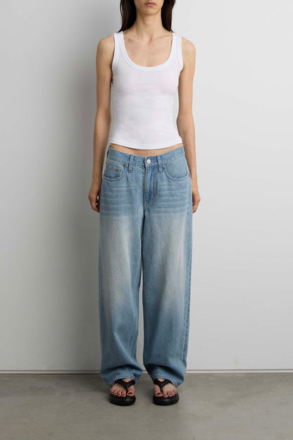 LINEN BLEND MID-RISE STRAIGHT LEG JEAN