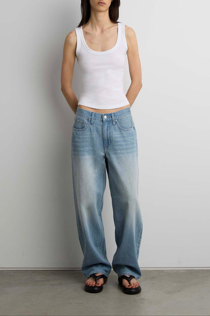 LINEN BLEND MID-RISE STRAIGHT LEG JEAN