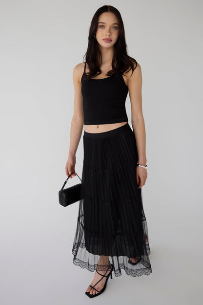 SHEER LACE TIERED MAXI SKIRT