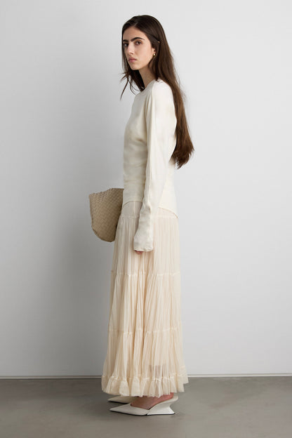 TIERED PLEATED MESH MAXI SKIRT