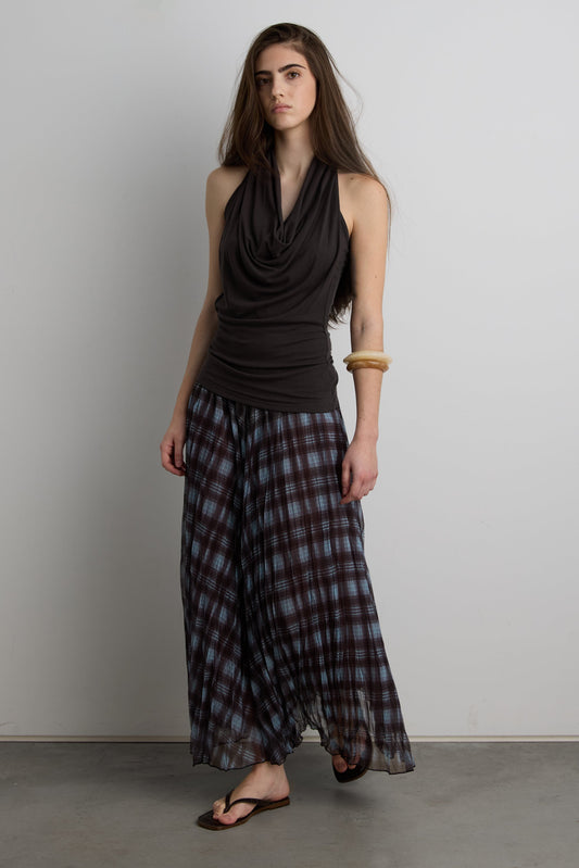 BLUE PLAID ACCORDION PLEAT MIDI SKIRT