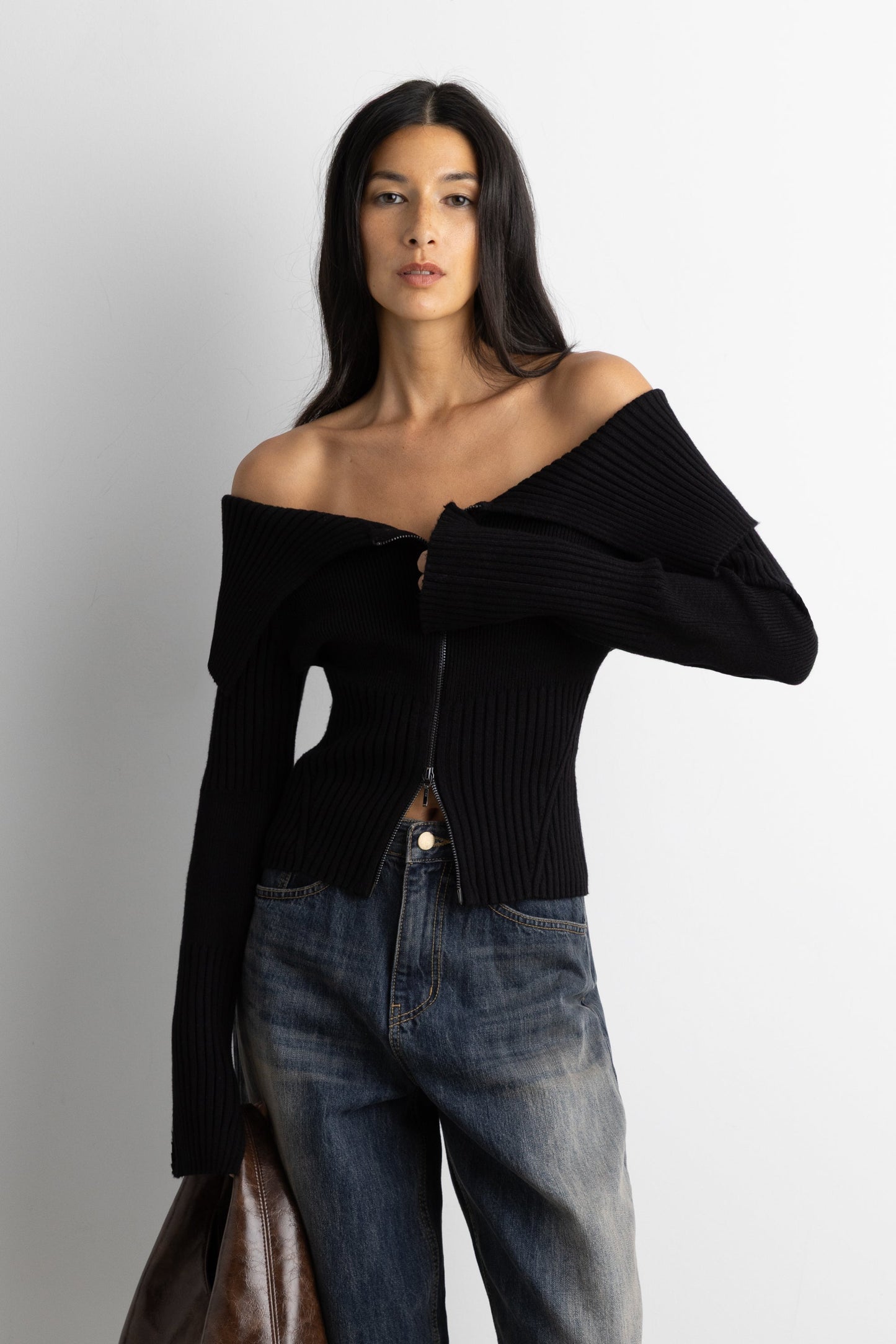 TWO-WAY ZIP FRONT OFF SHOULDER SWEATER