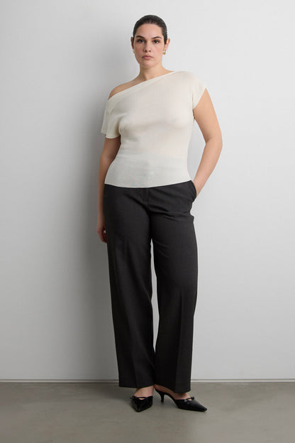 ASYMMETRICAL OFF THE SHOULDER CAP SLEEVE SWEATER