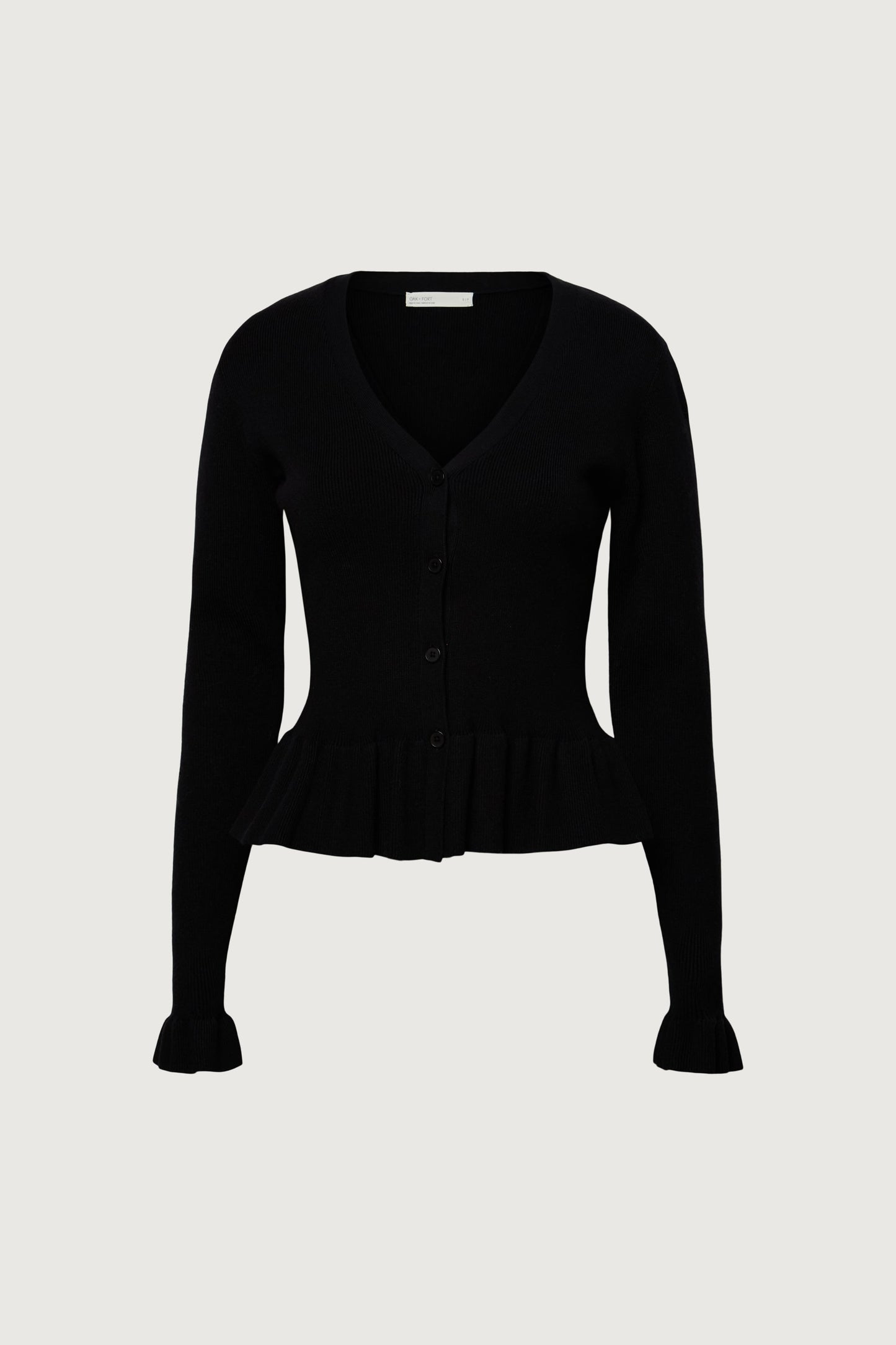 RIB-KNIT RUFFLED BUTTON FRONT CARDIGAN