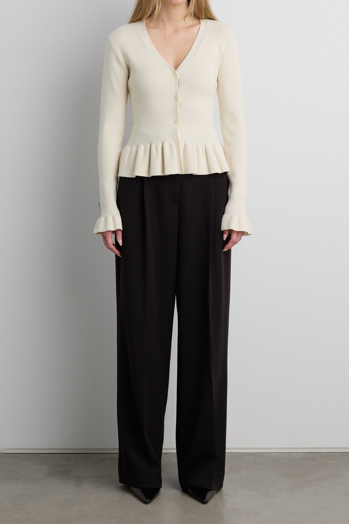 RIB-KNIT RUFFLED BUTTON FRONT CARDIGAN