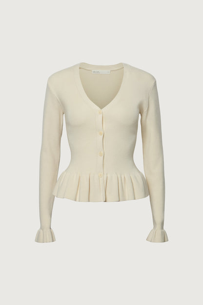 RIB-KNIT RUFFLED BUTTON FRONT CARDIGAN