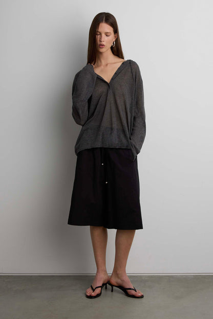 SHEER LINEN BLEND HOODIE WITH BUTTON FRONT