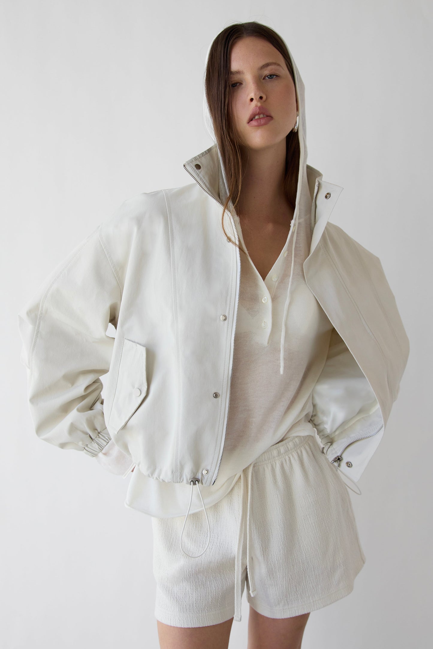SHEER LINEN BLEND HOODIE WITH BUTTON FRONT