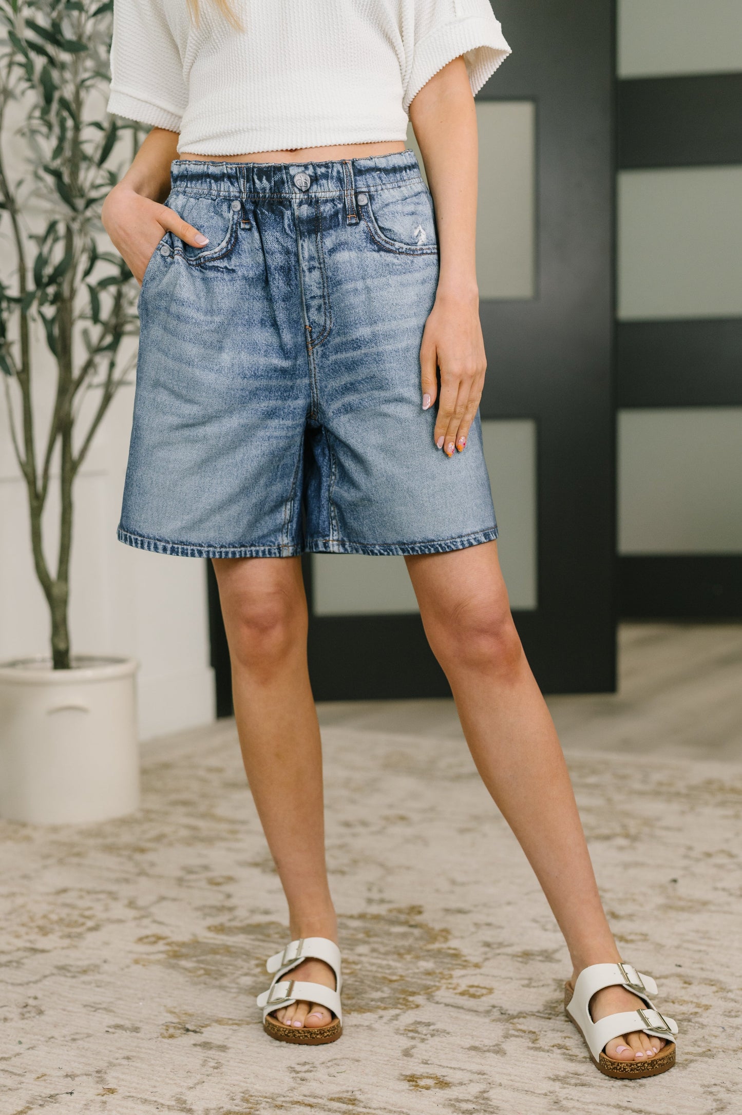 Hazel Blues® |  Zenim Printed High Waisted Shorts in Classic Denim