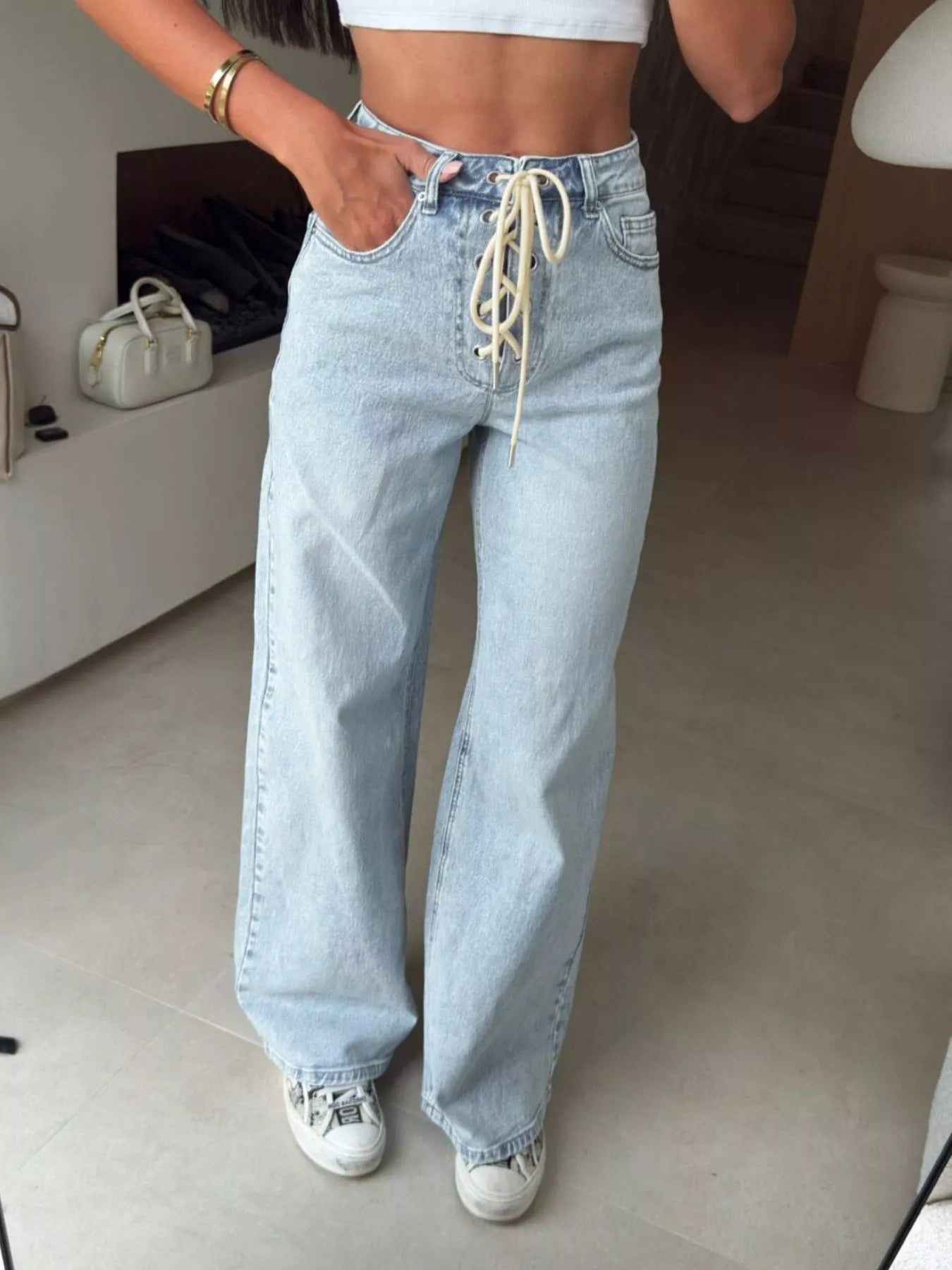Hazel Blues® |  Lace-Up High-Waisted Wide Leg Jeans