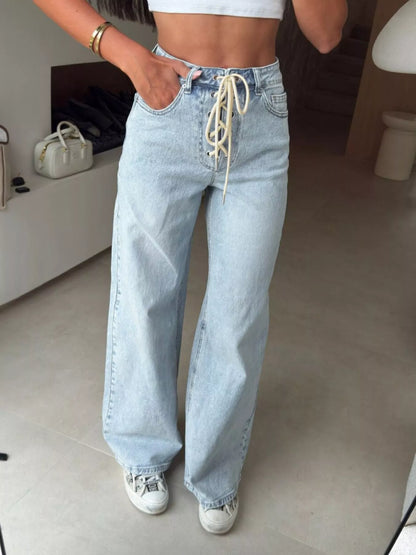 Hazel Blues® |  Lace-Up High-Waisted Wide Leg Jeans