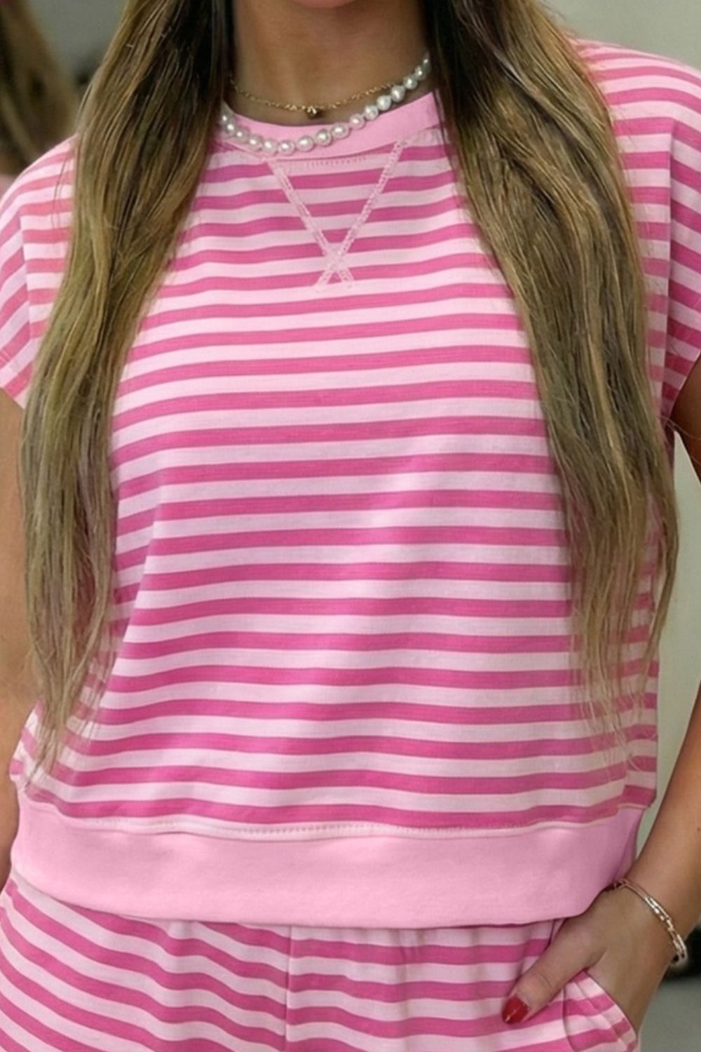 Hazel Blues® |  Round Neck Striped Top and Shorts Set